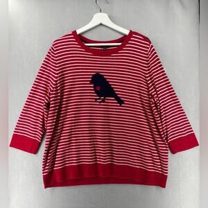 Talbots Striped Heart Bird Cotton Blend Sweater Red White 2x